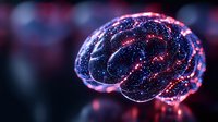 Glowing brain model with red and blue luminescent particles showing neural connections and activity patterns against dark background for medical visualization.
