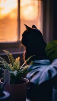 Black cat silhouette sitting by a window at golden sunset, surrounded by houseplants, cozy home atmosphere with warm backlight.