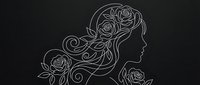 Elegant line art silhouette of woman with flowing hair adorned with roses on dark background. Minimalist feminine design for beauty and fashion projects.