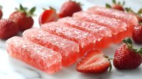 Homemade strawberry fruit leather rolls with fresh berries on white plate. Healthy snack made from natural ingredients for kids and adults.