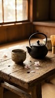 Traditional Japanese tea ceremony setup with cast iron teapot and ceramic cup on rustic wooden table in warm sunlit room for meditation and mindfulness practices.