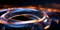 Glowing spiral light trail with sparkling particles against dark background creates futuristic motion effect, suitable for technology concepts.