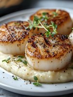 Pan-seared sea scallops with golden-brown crust served on creamy cauliflower puree, garnished with fresh microgreens and cracked black pepper on white plate.