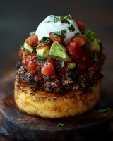 Grilled beef burger topped with fresh tomato salsa, diced avocado and sour cream on toasted brioche bun, served on rustic wooden board. Close up food photography.