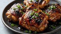 Glazed chicken thighs with sesame seeds and green onions in cast iron skillet. Caramelized poultry dish with Asian flavors for cooking and recipe content.