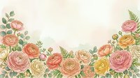 Watercolor floral border with pink and peach roses, ranunculus flowers and green leaves on light background for wedding invitations and romantic designs.