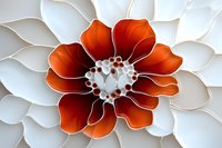 Abstract floral wall art featuring orange and white layered petals in modern paper cut style with dimensional depth effect and geometric pattern.