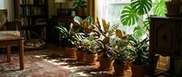 Cozy home interior with collection of potted houseplants in terracotta pots on wooden floor near window with natural sunlight filtering through room.