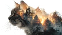 Double exposure of wild cat silhouette with forest landscape at sunset, creating atmospheric nature-wildlife composite for conservation themes.