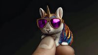 Stylized goat wearing vibrant purple sunglasses and colorful knitted sweater on human hand against dark background for creative projects.