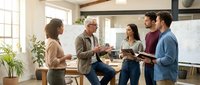 Diverse team of professionals engaged in collaborative discussion during office meeting, brainstorming session with whiteboard notes visible in modern workplace environment.