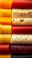 Colorful cheese varieties arranged in rows showing different textures and colors including yellow, red, blue-veined, and Swiss cheese with holes.