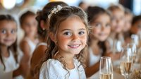 Young girl in white dress smiling at formal celebration event with champagne glasses and blurred guests in background, capturing joyful festive moment.