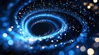 Glowing spiral of luminous particles forming cosmic vortex against dark background with bokeh lights, creating mesmerizing space atmosphere.