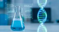 Laboratory flask with blue solution and glowing DNA helix for genetic engineering research and biotechnology development in modern scientific facility.
