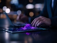 Hands typing on digital tablet with glowing purple holographic particles emerging from screen, creating magical technology effect in dark office setting.