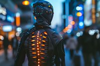 Futuristic cyborg figure with glowing orange spine elements against blurred urban night cityscape with bokeh lights, creating cyberpunk atmosphere.