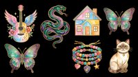 Colorful guitar with wings, green snake, cottage house, butterflies, beaded bracelet, and cat isolated on transparent background. Ready for t-shirts, stickers, clipart, sublimation, and print-on-demand designs.