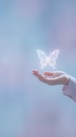Glowing butterfly hologram floating above open palm against soft gradient background symbolizing transformation, hope, and spiritual growth.