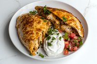 Grilled chicken quesadilla with melted cheese, served on white plate with fresh pico de gallo, sour cream and cilantro garnish on marble surface.