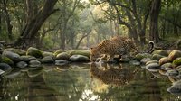 Spotted leopard drinking water at forest pond with perfect reflection, surrounded by smooth stones under dappled sunlight filtering through trees.