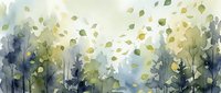 Watercolor forest landscape with falling autumn leaves in soft green and blue tones. Nature scene with trees and foliage for wall art and home decor.