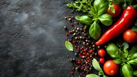 Fresh red chili peppers with cherry tomatoes, aromatic basil leaves and scattered peppercorns on dark concrete background, food photography layout.