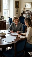 Senior Caucasian woman in gray suit consulting with young blonde female advisor over documents at wooden desk in elegant home office with antique furniture.