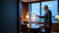 Senior businessman presenting holographic wind turbine technology in modern office conference room for sustainable energy solutions.