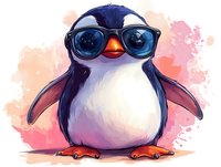 Adorable cartoon penguin wearing oversized sunglasses on colorful watercolor background. Cute arctic bird character for children's designs and playful projects.