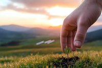Hand planting small green seedling in soil against mountain landscape at sunset, symbolizing growth, new beginnings and environmental conservation.