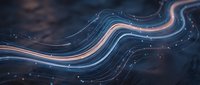 Glowing neon light trails flow across dark background with blue and orange streaks, creating dynamic motion effect for technology and digital design projects.