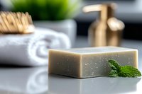 Natural handmade soap bars with mint leaves on marble surface, organic skincare products for spa and wellness routines, eco-friendly bathroom essentials.