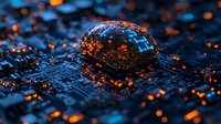 Glowing digital turtle-shaped device on dark circuit board with orange light reflections, symbolizing technology innovation and digital transformation.
