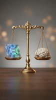 Golden scales of justice balancing artificial intelligence chip and human brain representing technology ethics and moral decision making in modern society.