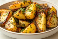 Golden roasted potatoes with herbs and spices served on white plate, crispy exterior and tender inside for gourmet side dish.