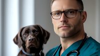 Professional male veterinarian with glasses and stethoscope posing with chocolate labrador dog in modern clinic for pet healthcare and animal medicine.