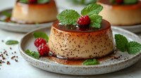 Homemade caramel flan dessert topped with fresh raspberries and mint leaves on ceramic plate, drizzled with caramel sauce and chocolate sprinkles, selective focus.