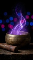 Mystical singing bowl with glowing purple smoke and sparkles on wooden surface with colorful bokeh lights background for meditation and spiritual wellness.