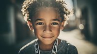 Young mixed-race boy with curly hair smiling warmly at camera in soft natural lighting. Portrait of happy child with bright eyes and genuine expression.