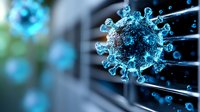 Glowing blue virus cell with spike proteins floating in microscopic view against dark background, scientific medical research visualization concept.
