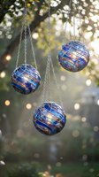 Colorful glass orb lanterns hanging from chains in garden with warm bokeh lights creating magical outdoor ambiance for patio decoration and evening entertainment.
