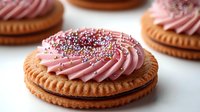 Round sandwich cookie with pink cream filling swirled on top and colorful sprinkles against white background, close-up view showing texture and detail.