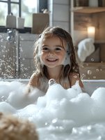 Cheerful Caucasian girl with brown hair playing in bubble bath, surrounded by foam and soap bubbles, genuine smile and joy, lifestyle bathroom scene with natural lighting.