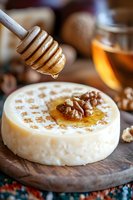 Soft brie cheese wheel topped with dripping honey and walnuts on wooden board, close-up view with honey dipper and blurred tea glass in background.
