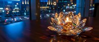 Crystal lotus flower candle holder glowing warmly on wooden table with blurred city lights background creating peaceful ambiance for meditation and relaxation.