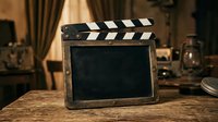 Vintage film clapperboard with blank slate on wooden table in warm studio setting, suitable for cinema, filmmaking, production design, and entertainment industry projects.