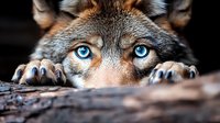 Gray wolf with piercing blue eyes resting paws on wooden surface, close-up portrait showing intense gaze and natural wildlife behavior in forest habitat.