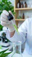 Scientist in white lab coat and gloves holding dropper with green liquid extract over glass beaker in laboratory setting with shelves, microscope, and plants for research and development.