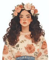 Young Asian woman with long curly dark hair wearing floral crown and rose-patterned sweater, illustrated in soft peach and cream tones. Freckled face with gentle expression.